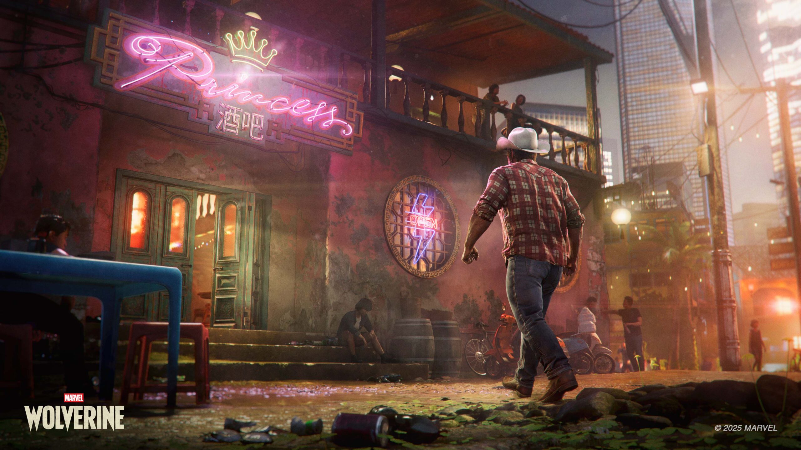 Concept art delle strade illuminate al neon di Madripoor di notte